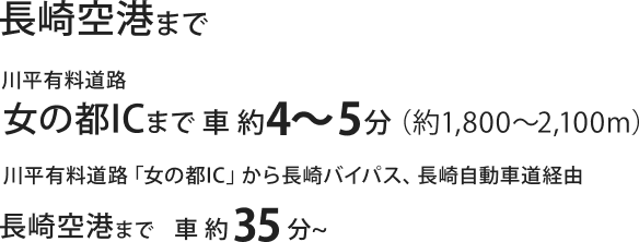 長崎空港まで 川平有料道路 女の都ICまで車で約4〜5分（約1,800m〜2,100m） 川平有料道路「女の都IC」から長崎バイパス、長崎自動車道経由 長崎空港まで車で約35分〜